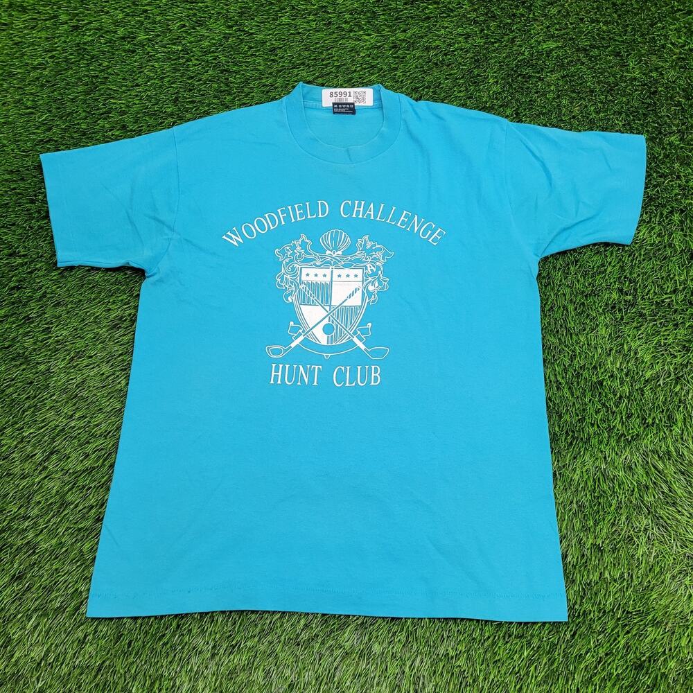 Vintage 80s Woodfield-Challenge Hunt-Club Shirt Large 21x28 Blue Golf